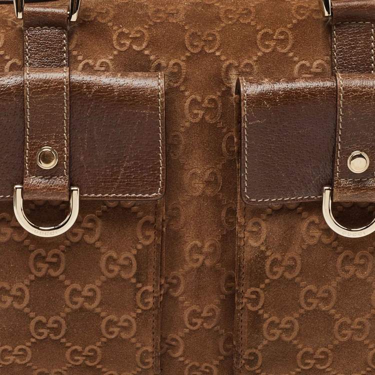 Pre Owned Gucci Brown GG Suede and Leather Boston Bag