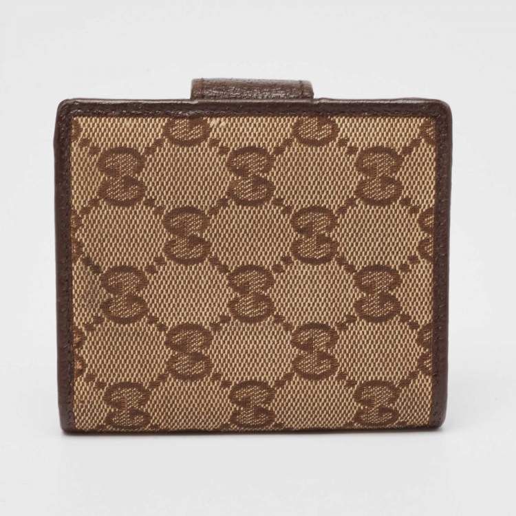 Pre Owned Gucci Beige/Brown GG Canvas and Leather Flap Bifold Wallet