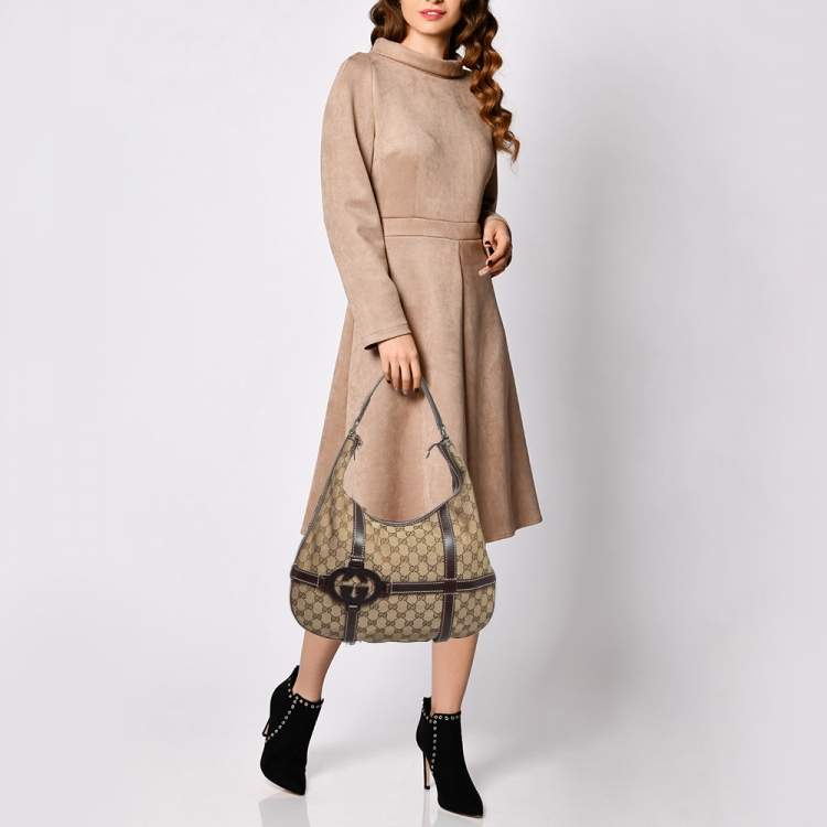 Pre Owned Gucci Beige/Ebony GG Canvas and Leather Royal Hobo