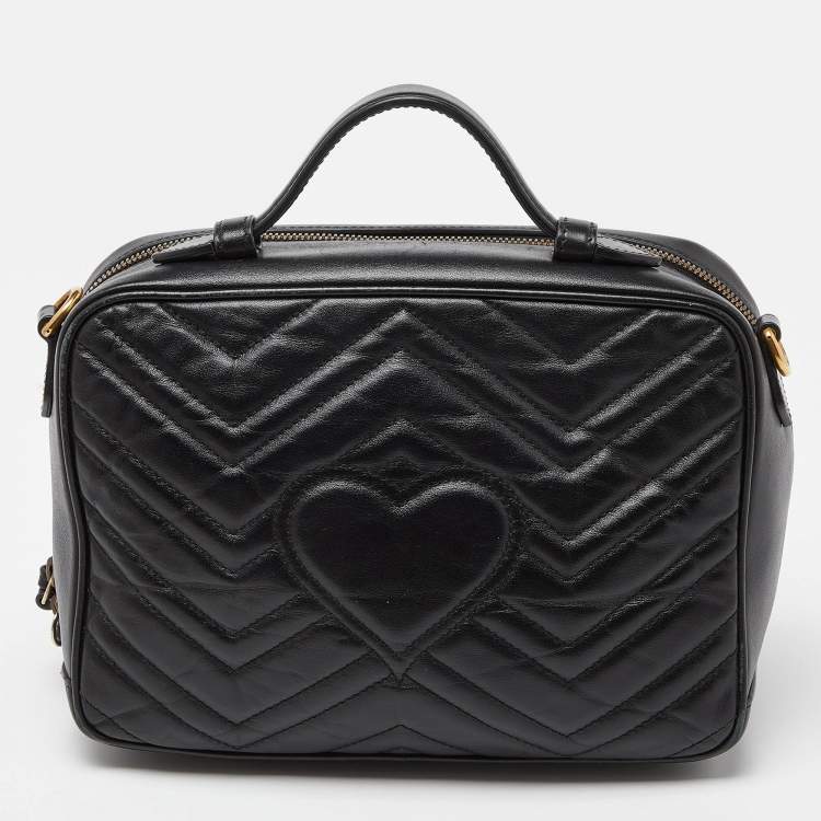 Pre Owned Gucci Black Matelassé Leather Small GG Marmont Top Handle Bag