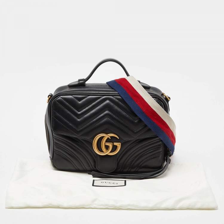 Pre Owned Gucci Black Matelassé Leather Small GG Marmont Top Handle Bag