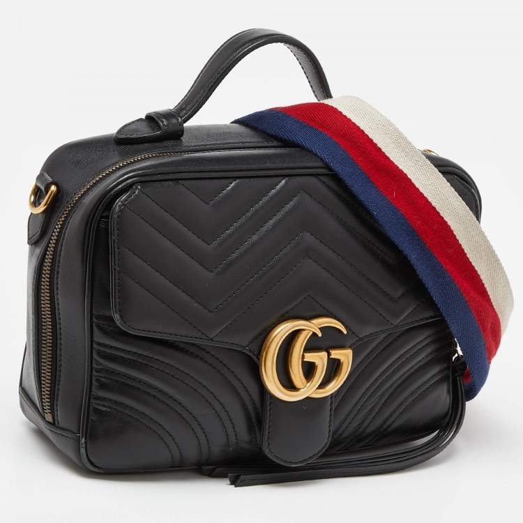 Pre Owned Gucci Black Matelassé Leather Small GG Marmont Top Handle Bag