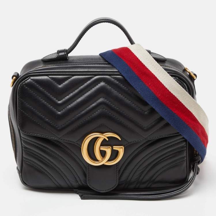 Pre Owned Gucci Black Matelassé Leather Small GG Marmont Top Handle Bag