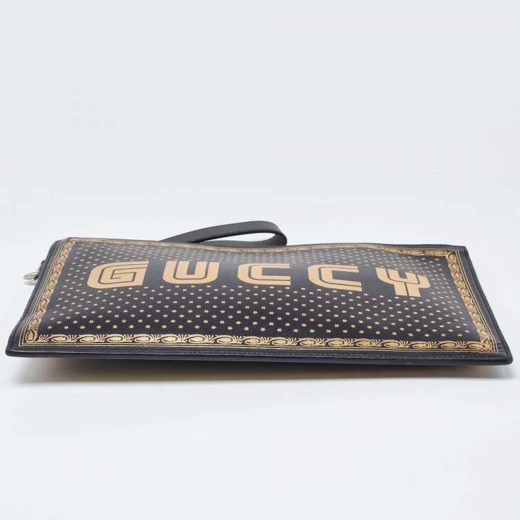 Pre Owned Gucci Black Leather Guccy Star Wristlet Pouch