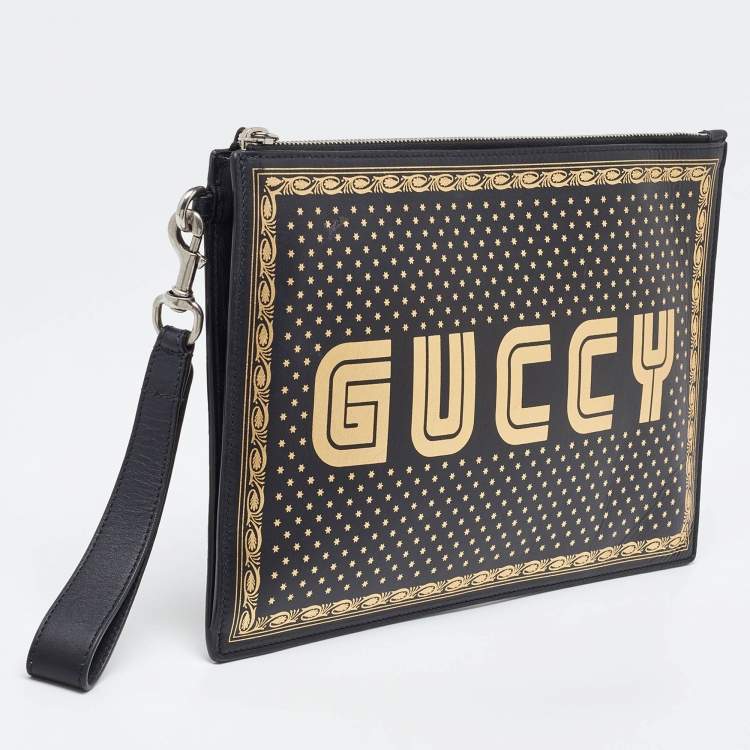 Pre Owned Gucci Black Leather Guccy Star Wristlet Pouch