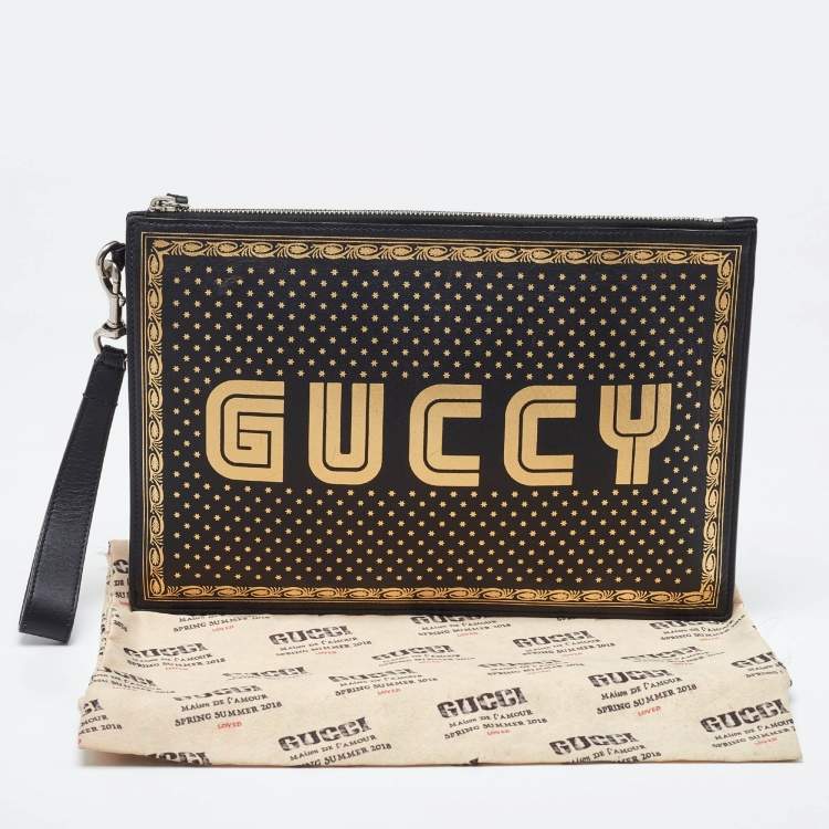 Pre Owned Gucci Black Leather Guccy Star Wristlet Pouch