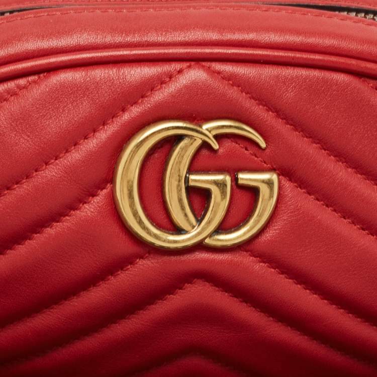 Pre Owned Gucci Red Matelassé Leather Mini GG Marmont Belt Bag