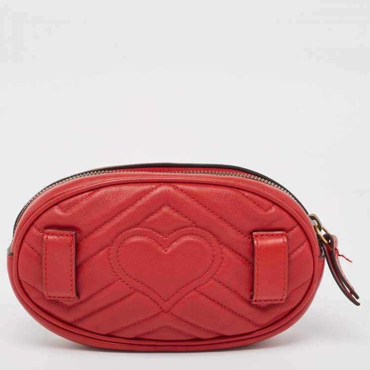Pre Owned Gucci Red Matelassé Leather Mini GG Marmont Belt Bag