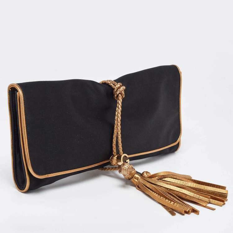 Pre Owned Gucci Black/Gold Satin Malika Tassel Clutch