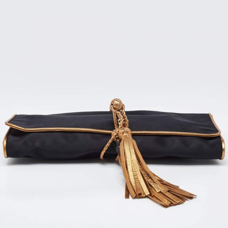 Pre Owned Gucci Black/Gold Satin Malika Tassel Clutch