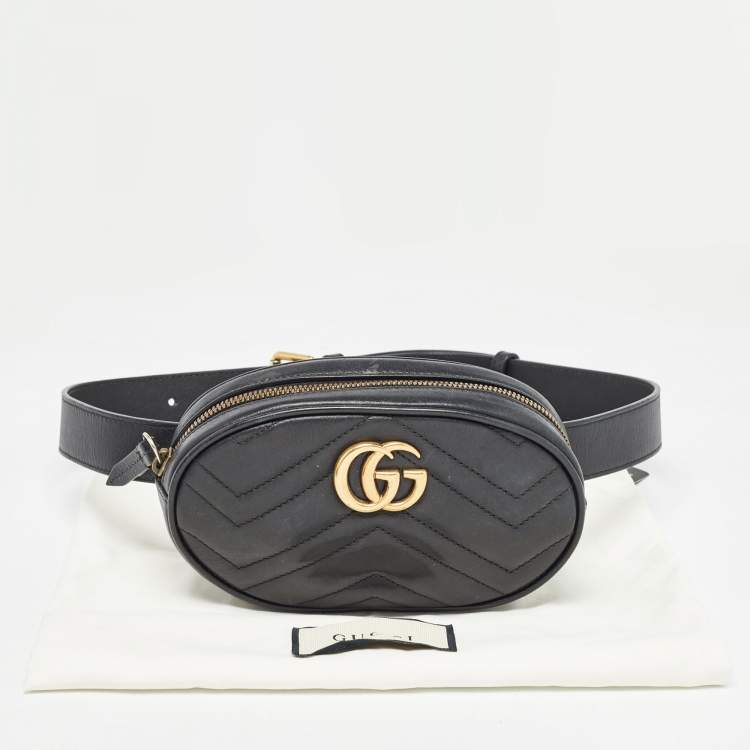 Pre Owned Gucci Black Matelassé Leather Mini GG Marmont Belt Bag