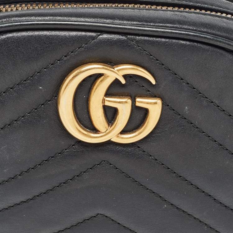 Pre Owned Gucci Black Matelassé Leather Mini GG Marmont Belt Bag