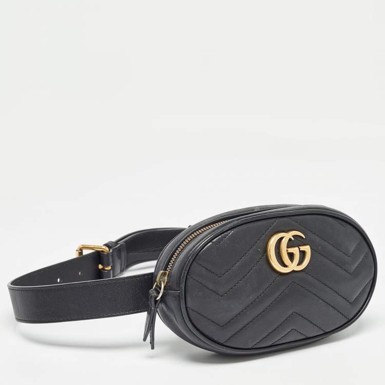 Pre Owned Gucci Black Matelassé Leather Mini GG Marmont Belt Bag