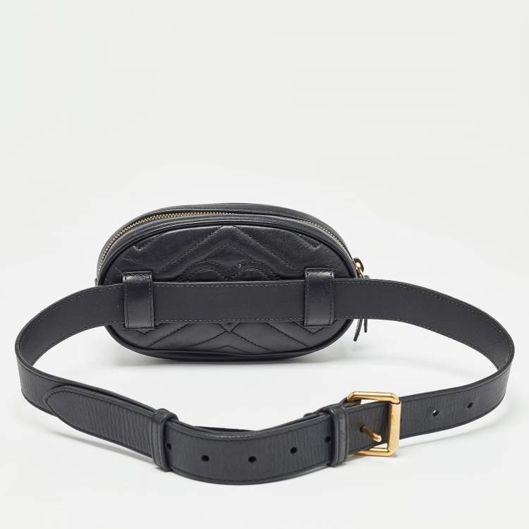 Pre Owned Gucci Black Matelassé Leather Mini GG Marmont Belt Bag