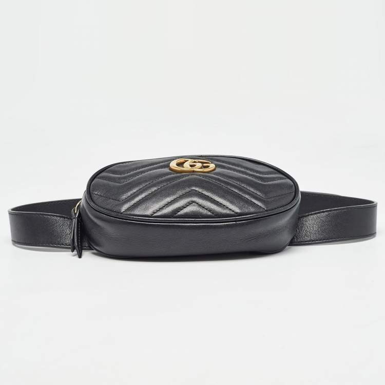 Pre Owned Gucci Black Matelassé Leather Mini GG Marmont Belt Bag