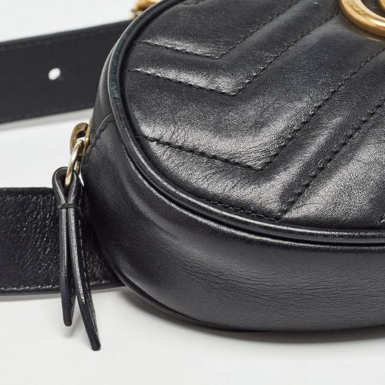 Pre Owned Gucci Black Matelassé Leather Mini GG Marmont Belt Bag
