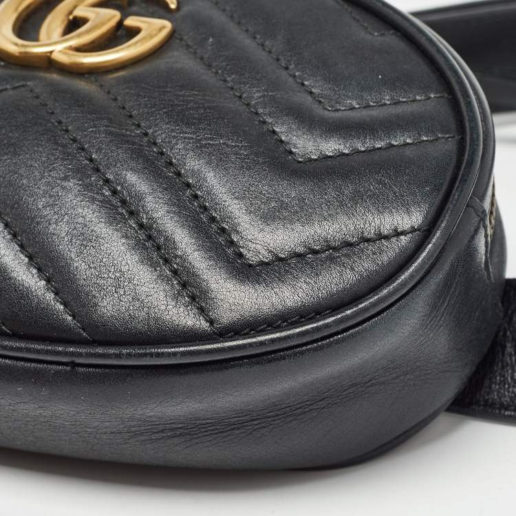 Pre Owned Gucci Black Matelassé Leather Mini GG Marmont Belt Bag