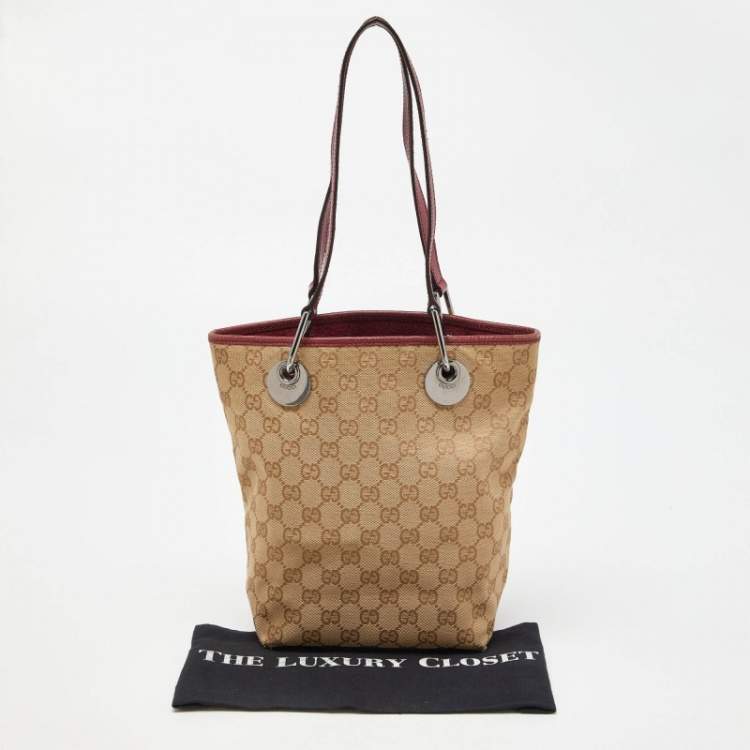 Pre Owned Gucci Beige/Red GG Canvas and Leather Open Tote