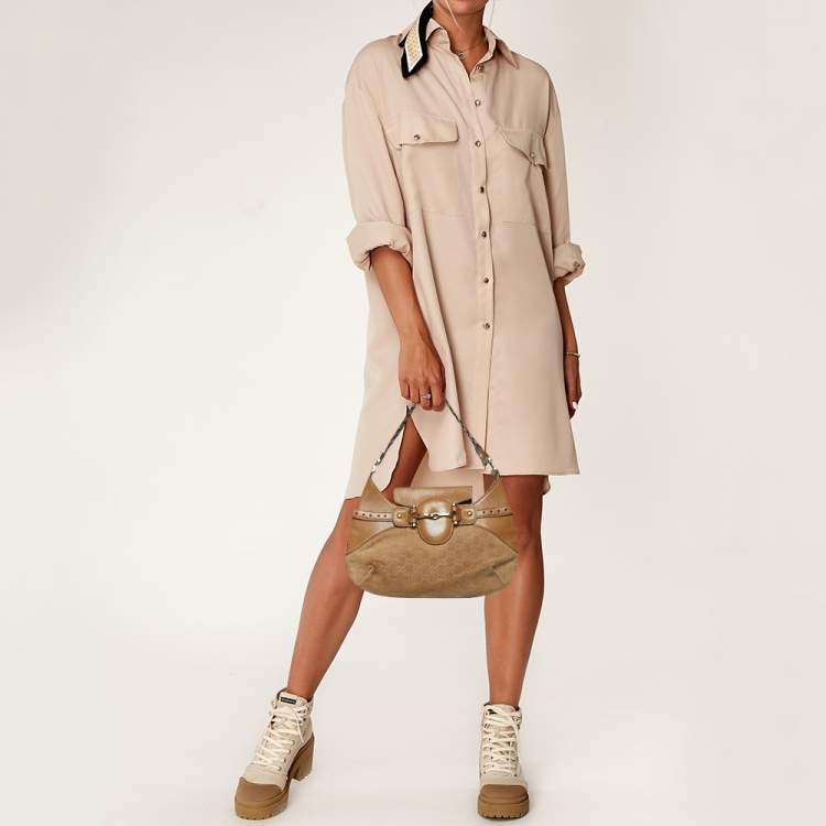 Pre Owned Gucci Beige GG Suede and Leather Pelham Flap Hobo