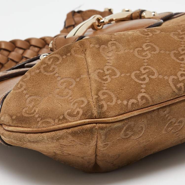 Pre Owned Gucci Beige GG Suede and Leather Pelham Flap Hobo