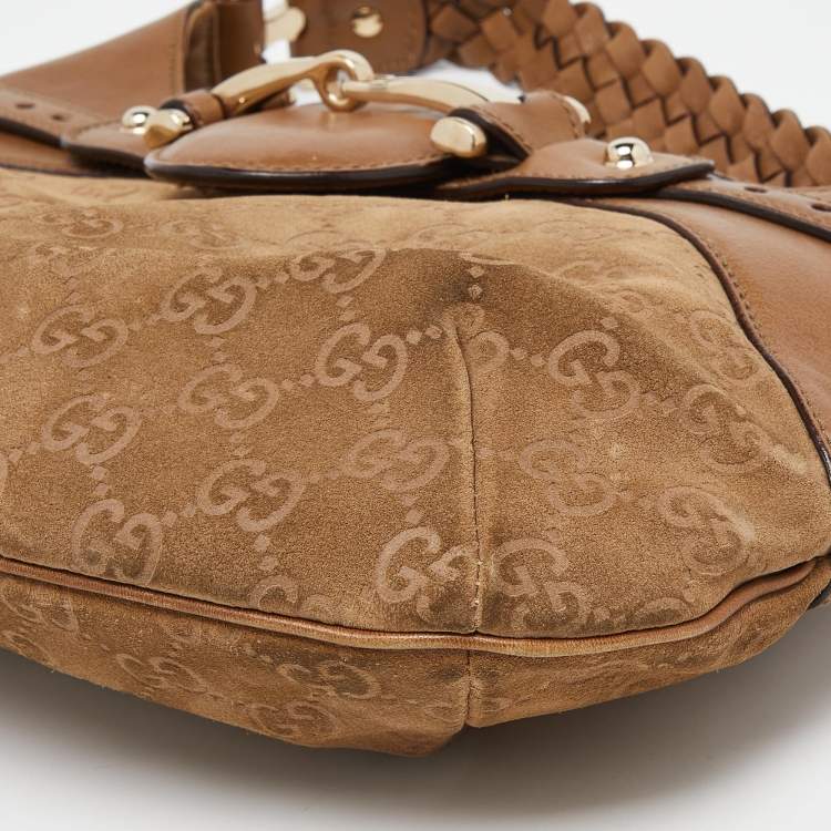 Pre Owned Gucci Beige GG Suede and Leather Pelham Flap Hobo
