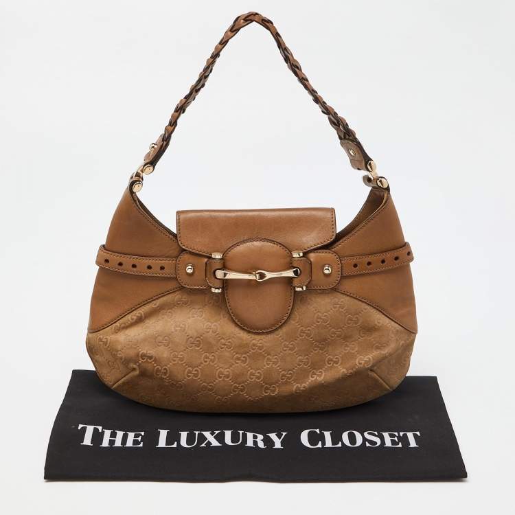 Pre Owned Gucci Beige GG Suede and Leather Pelham Flap Hobo