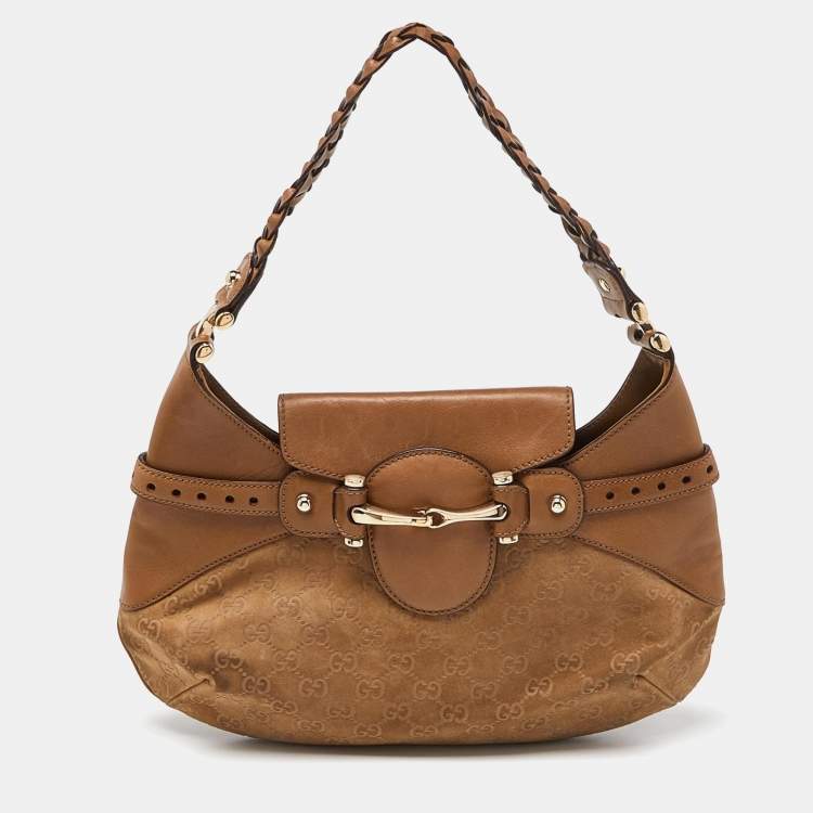 Pre Owned Gucci Beige GG Suede and Leather Pelham Flap Hobo