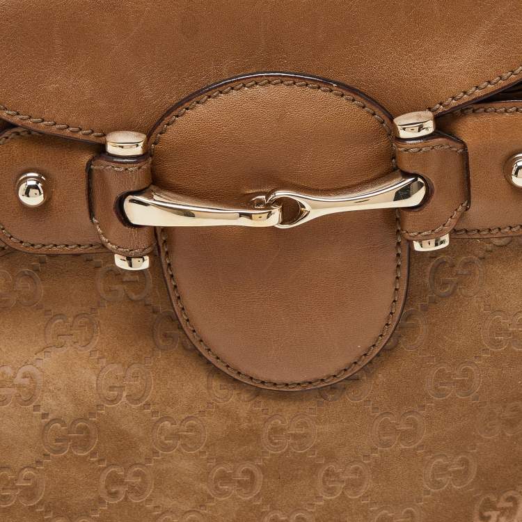 Pre Owned Gucci Beige GG Suede and Leather Pelham Flap Hobo