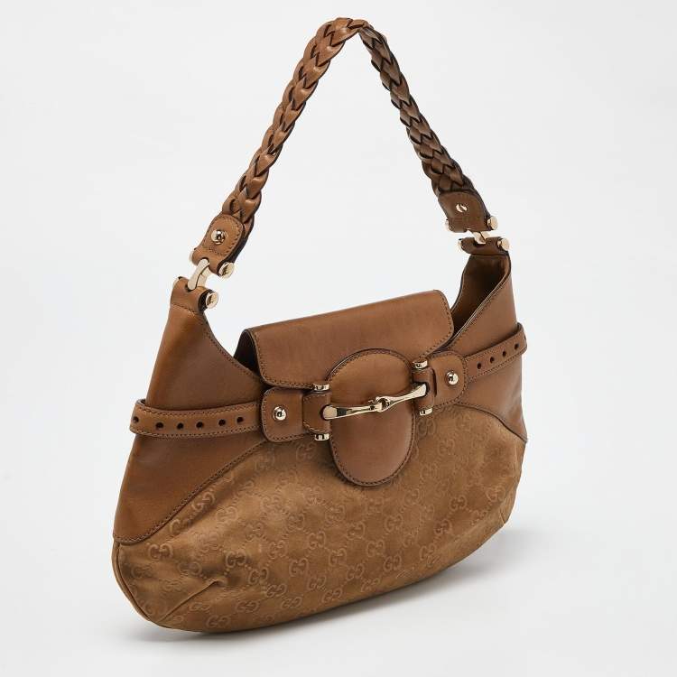 Pre Owned Gucci Beige GG Suede and Leather Pelham Flap Hobo