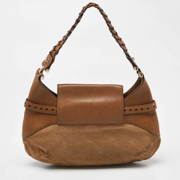 Pre Owned Gucci Beige GG Suede and Leather Pelham Flap Hobo