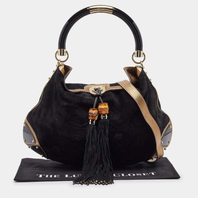 Pre Owned Gucci Black/Gold Hysteria Embossed Suede Large Indy Hobo