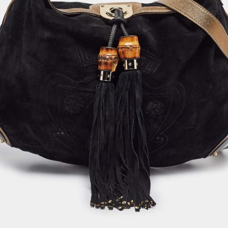 Pre Owned Gucci Black/Gold Hysteria Embossed Suede Large Indy Hobo