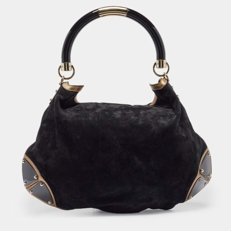 Pre Owned Gucci Black/Gold Hysteria Embossed Suede Large Indy Hobo