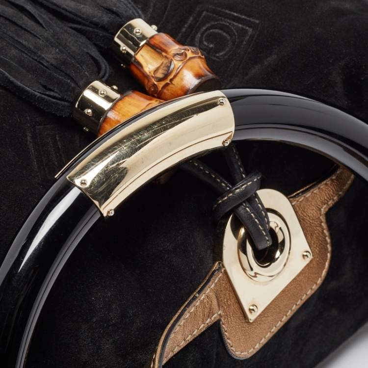 Pre Owned Gucci Black/Gold Hysteria Embossed Suede Large Indy Hobo