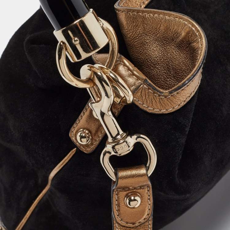 Pre Owned Gucci Black/Gold Hysteria Embossed Suede Large Indy Hobo