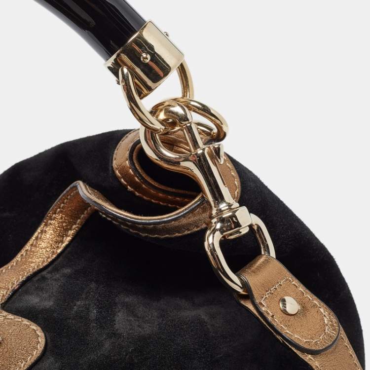 Pre Owned Gucci Black/Gold Hysteria Embossed Suede Large Indy Hobo