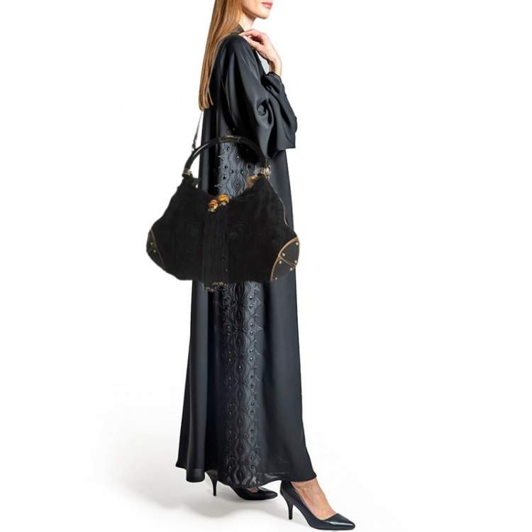 Pre Owned Gucci Black/Gold Hysteria Embossed Suede Large Indy Hobo