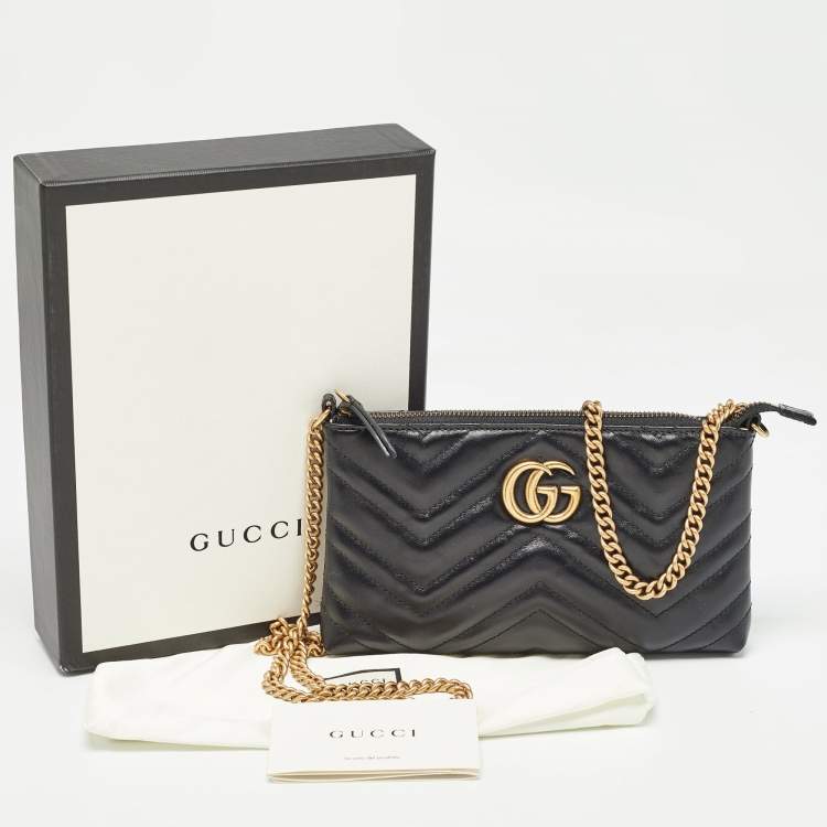 Pre Owned Gucci Black Matelassé Leather GG Marmont Chain Clutch 