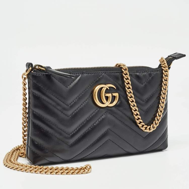 Pre Owned Gucci Black Matelassé Leather GG Marmont Chain Clutch 