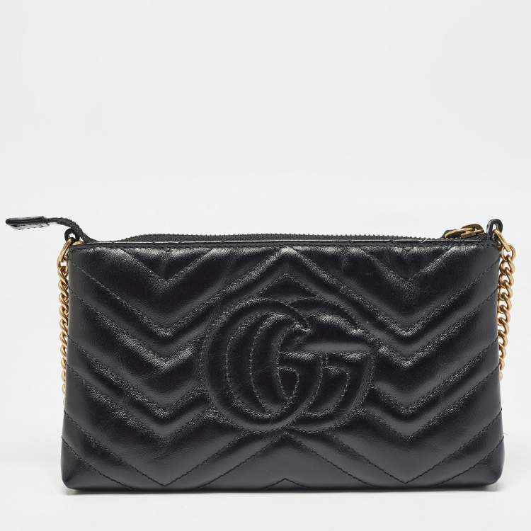 Pre Owned Gucci Black Matelassé Leather GG Marmont Chain Clutch 