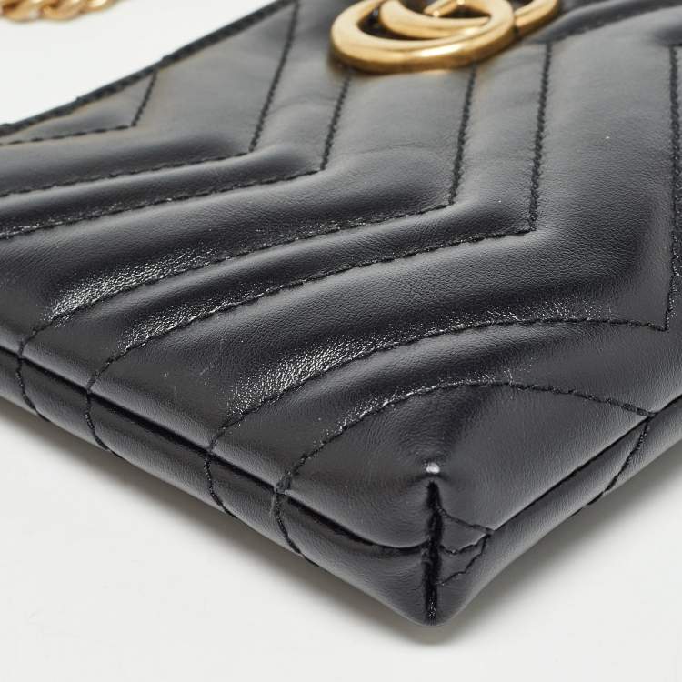 Pre Owned Gucci Black Matelassé Leather GG Marmont Chain Clutch 