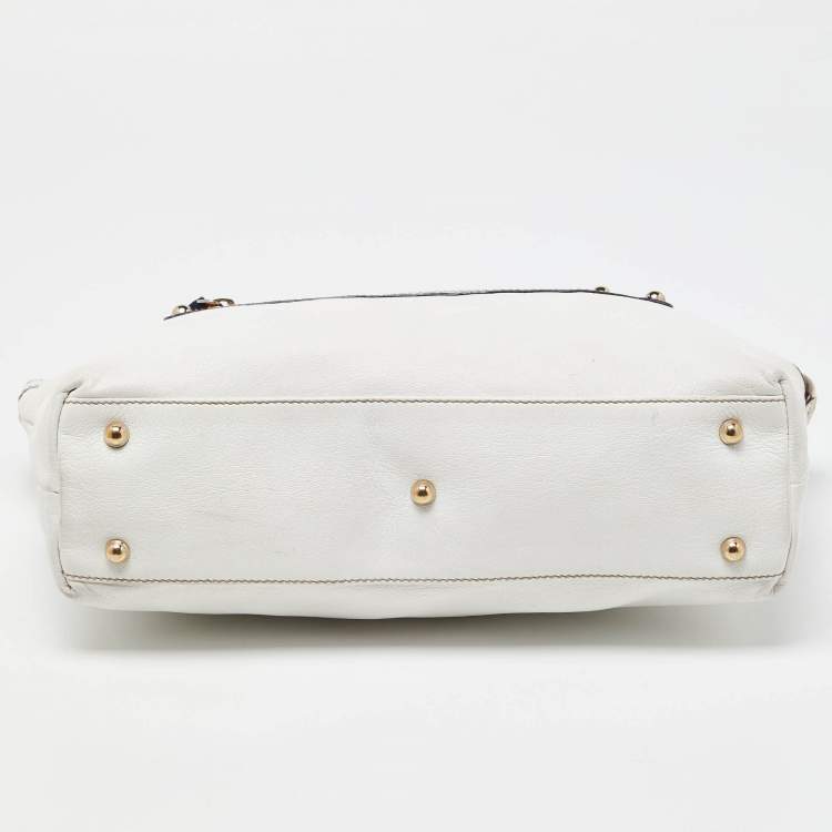 Pre Owned Gucci White Leather Front Zip Chain Tote
