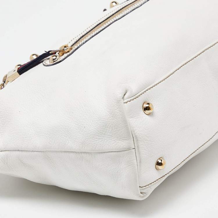 Pre Owned Gucci White Leather Front Zip Chain Tote