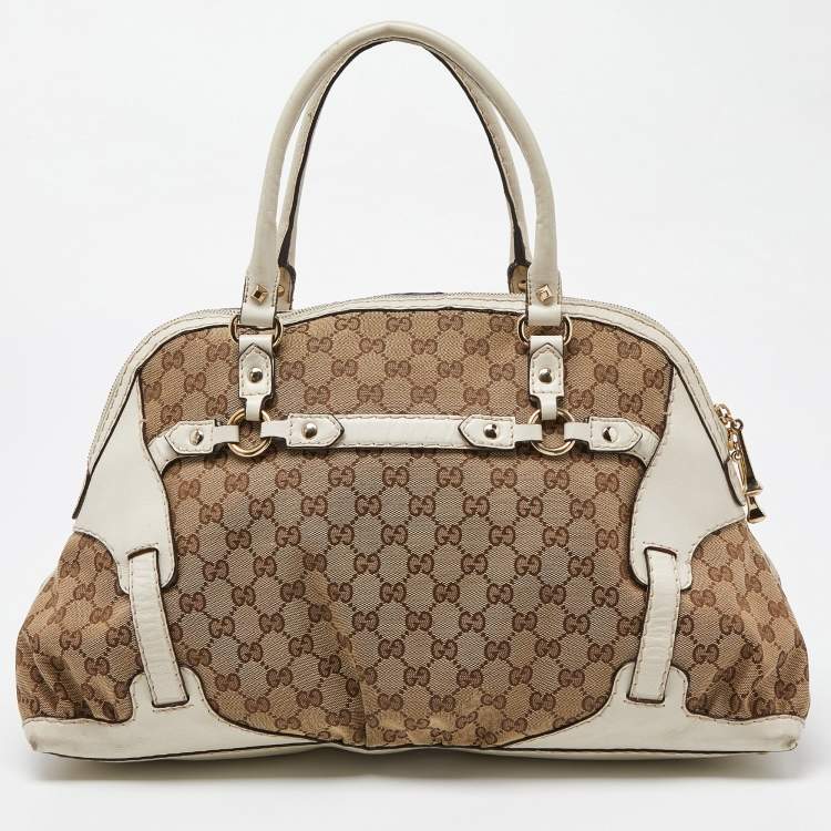 Pre Owned Gucci Beige/Off White GG Canvas and Leather Bag