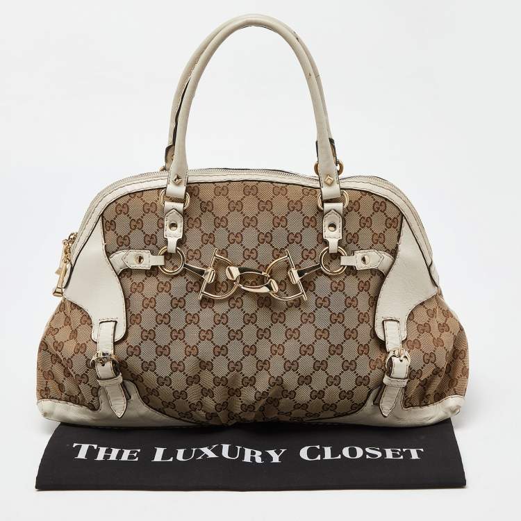 Pre Owned Gucci Beige/Off White GG Canvas and Leather Bag