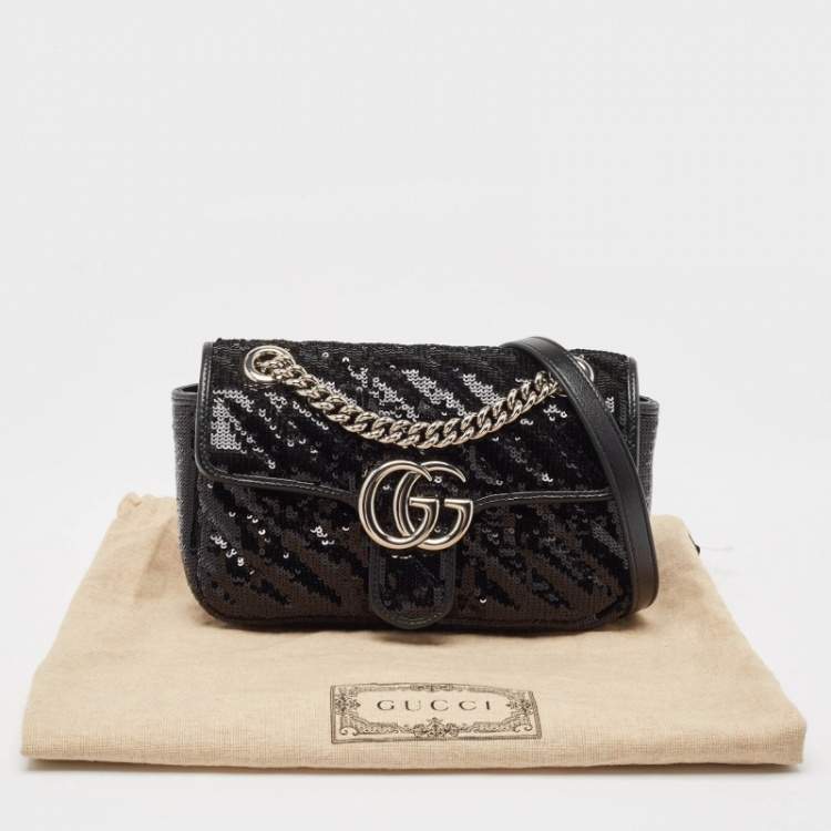Pre Owned Gucci Black Diagonal Sequins and Leather Mini GG Marmont Shoulder Bag