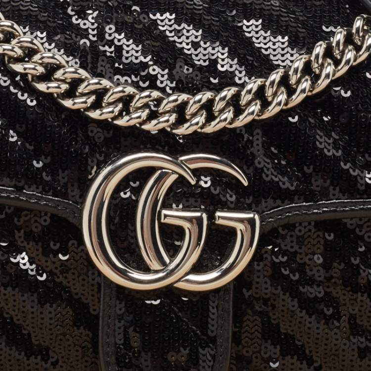 Pre Owned Gucci Black Diagonal Sequins and Leather Mini GG Marmont Shoulder Bag
