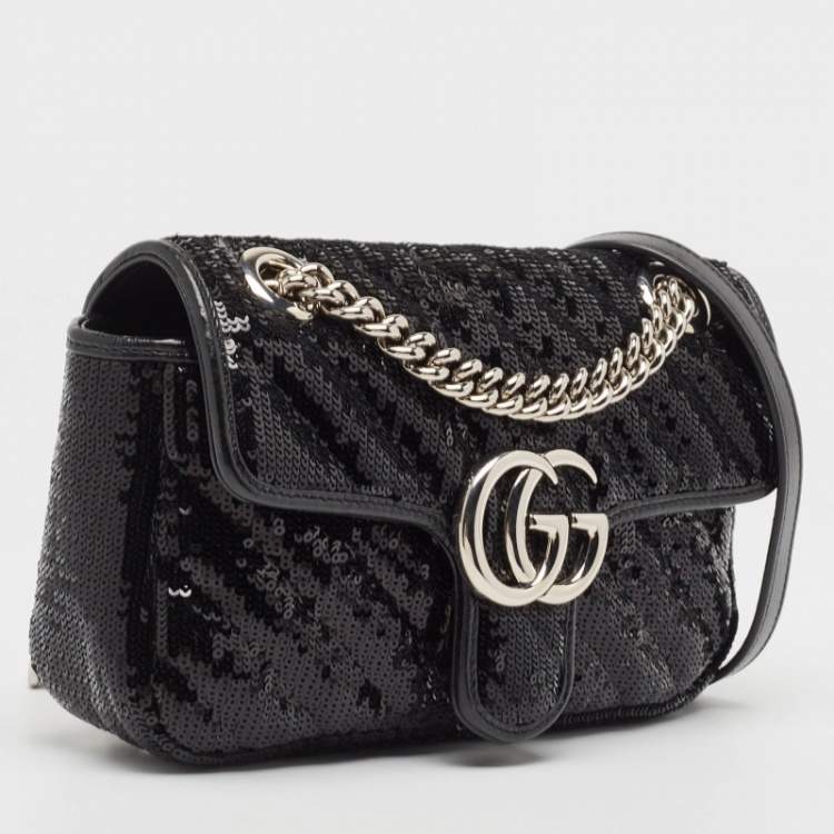 Pre Owned Gucci Black Diagonal Sequins and Leather Mini GG Marmont Shoulder Bag