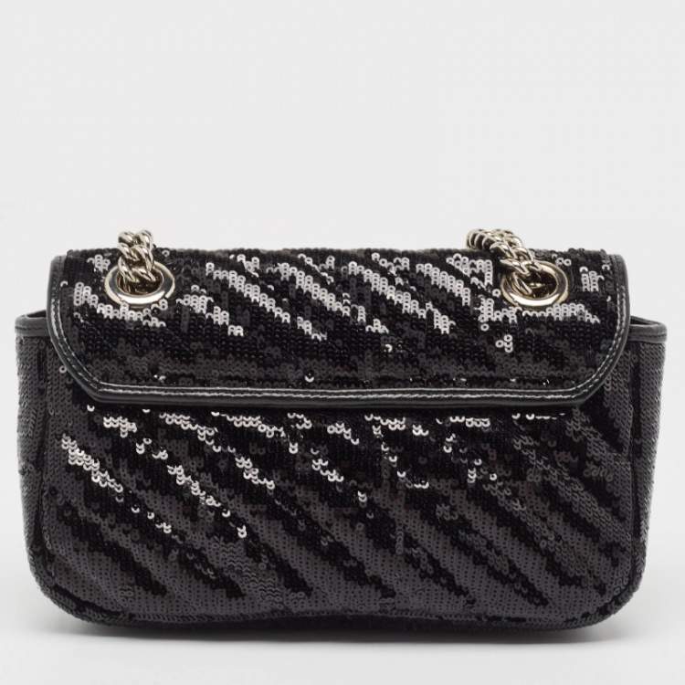 Pre Owned Gucci Black Diagonal Sequins and Leather Mini GG Marmont Shoulder Bag