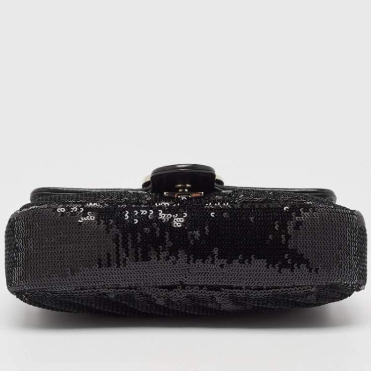 Pre Owned Gucci Black Diagonal Sequins and Leather Mini GG Marmont Shoulder Bag